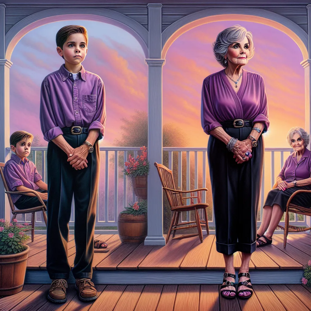 An image of a boy transforming into an elderly woman named Martha, culminating in Martha standing peacefully on a porch with her hands gracefully placed on her chest, wearing a deep lavender blouse, black slacks, and double buckle sandals with dainty feet painted mauve, matching her exquisite jewelry.
