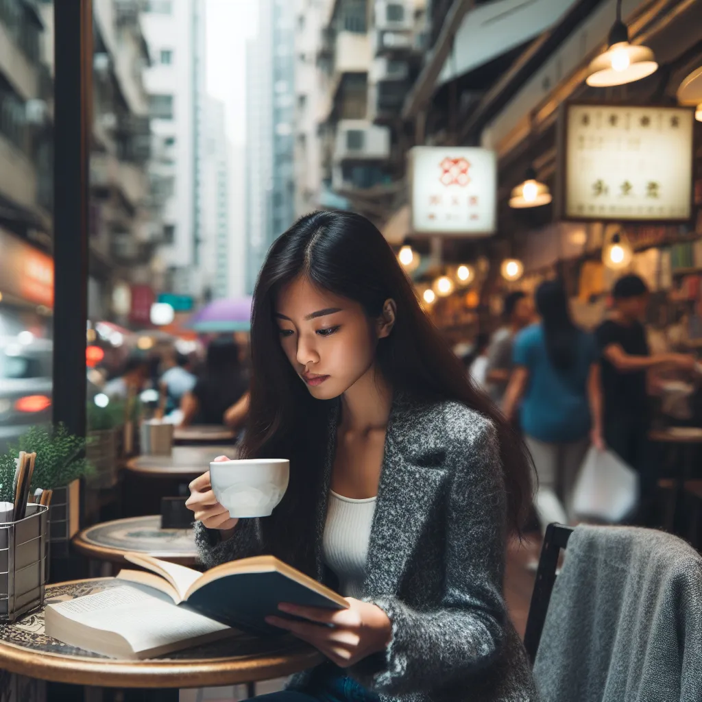 In a vibrant cityscape, a young woman is engrossed in reading a book at a cozy café amidst the bustling environment.