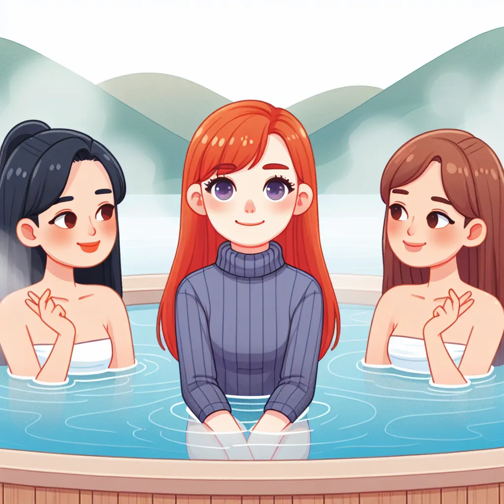A person with red hair and violet eyes sits in a hot spring surrounded by two female friends.