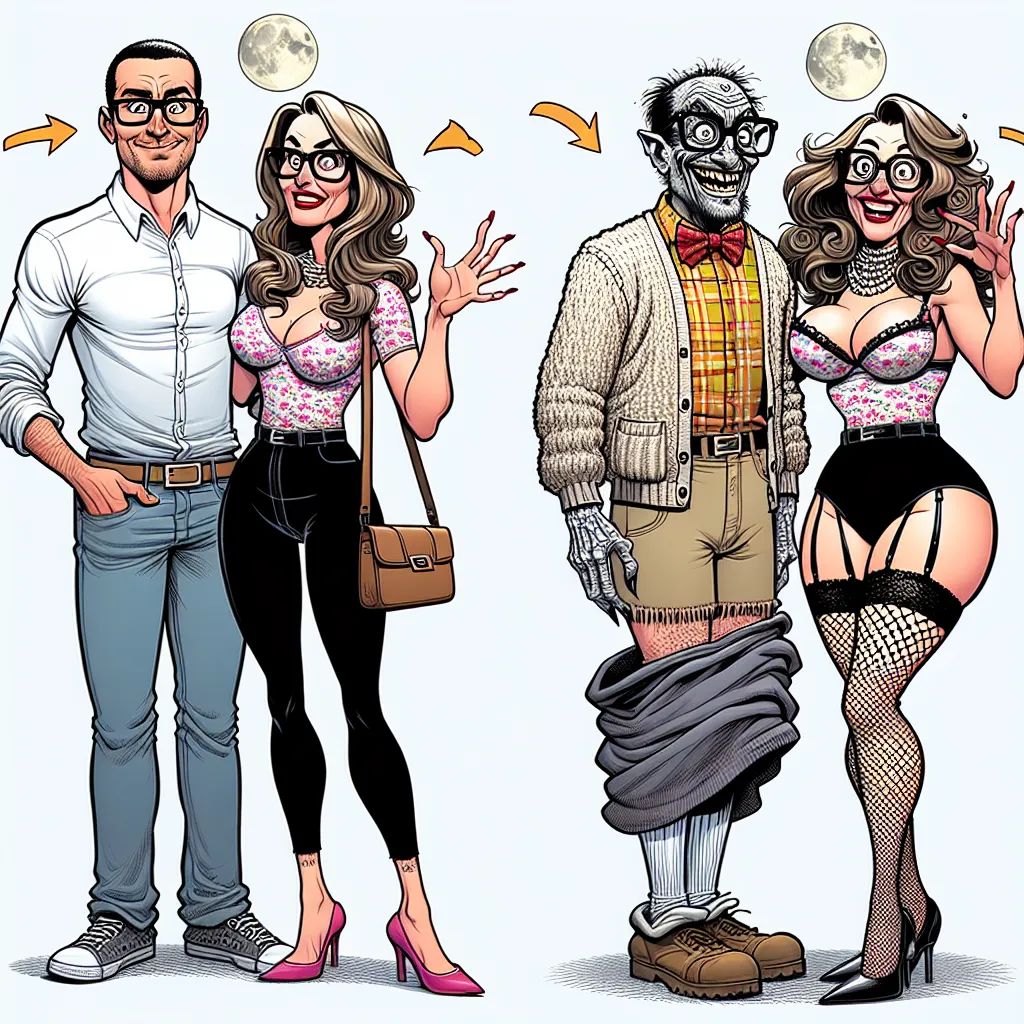 Description: A humorous image depicts two couples - Connor and Paula, and their cool, hot neighbors Skyler and Chasey - in various comical scenarios related to their transformation into "Were-Nerds" on the night of the full moon. The image showcases their transition from cool and attractive individuals to nerdy versions, with details such as Skyler sporting oversized glasses, a cardigan with elbow patches, and khaki pants that are too short, while Chasey wears a floral skirt, an ancient supporti