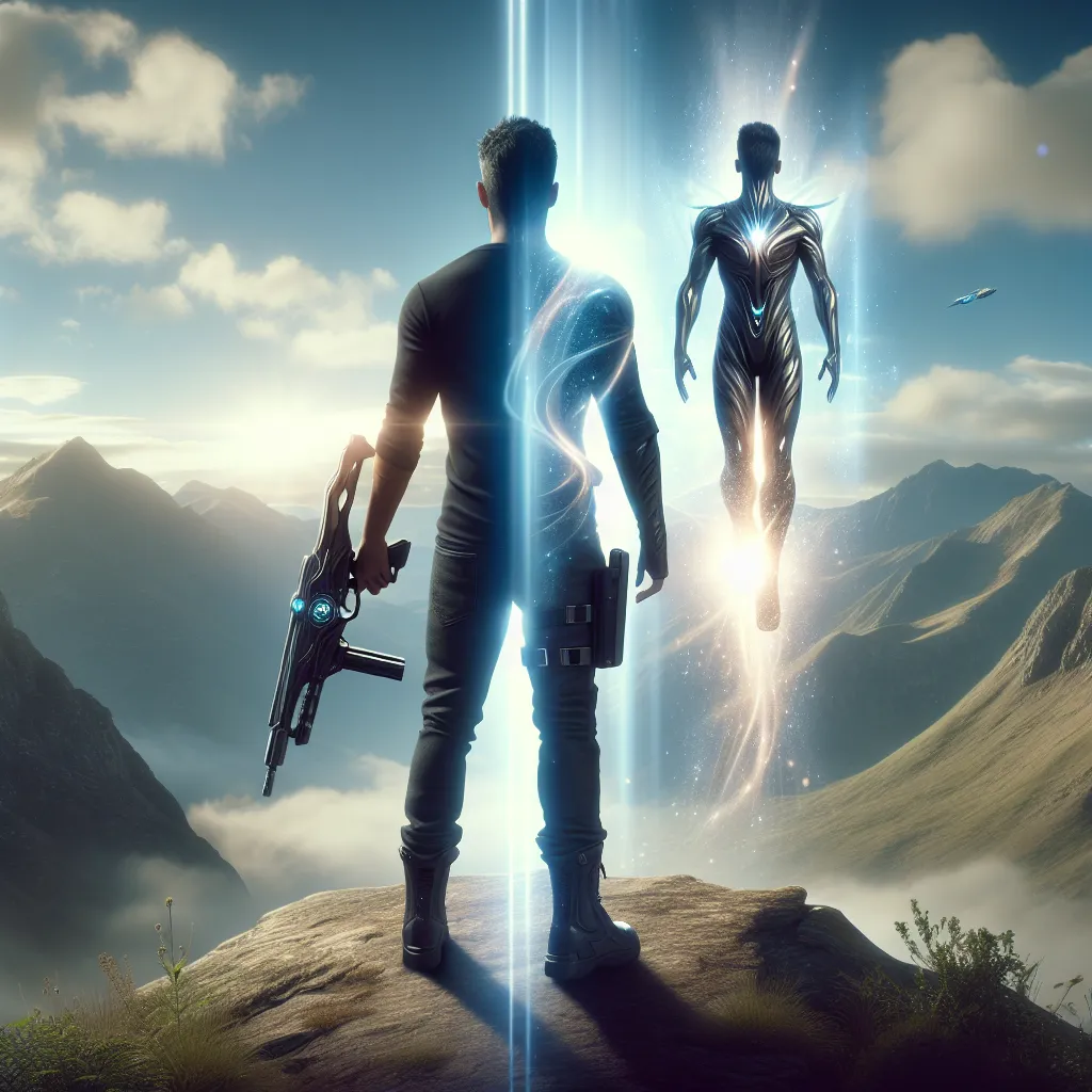 Description: "The image depicts Logan Miles standing atop a desolate mountain peak, holding a sleek, futuristic laser-gun. A beam of shimmering light surrounds him as he undergoes a stunning transformation into Diana Vesper, a striking interstellar thief. With newfound allure and confidence, Diana embraces her new identity, ready to embark on thrilling adventures across the galaxy."
