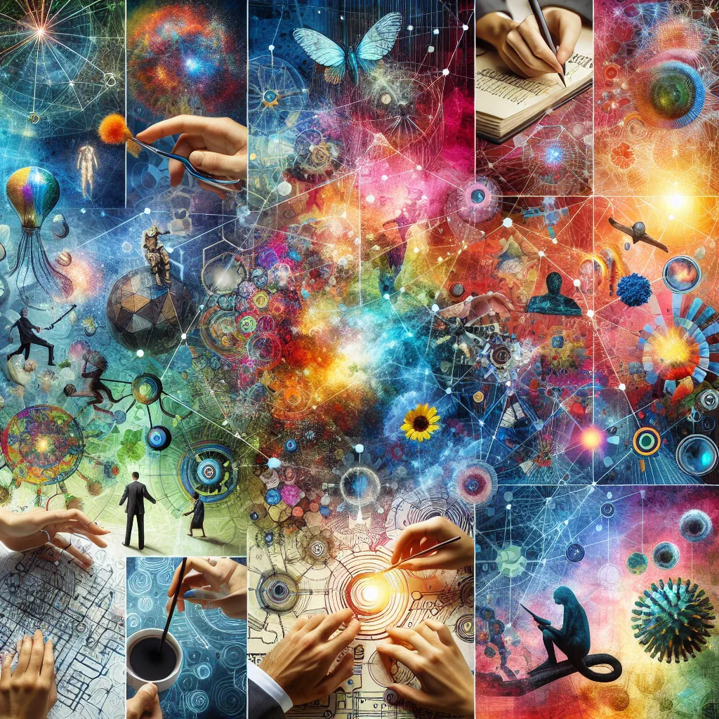 A vibrant and dynamic collage showcasing various interactions and transformations happening within a complex network.