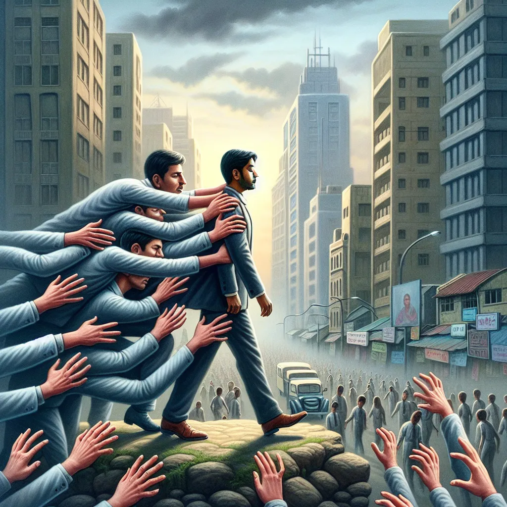 This image depicts a man surrounded by a sea of disembodied hands, each belonging to different individuals. The hands are loyal subjects, following the man as he walks through a bustling city. They act as his agents, carrying out his desires and whims. The man stands atop a hill, overlooking the city, with the hands caressing him and providing comfort. However, the dream eventually fades, leaving the man feeling empty and longing for the return of his dream kingdom. Unbeknownst to him, the hands