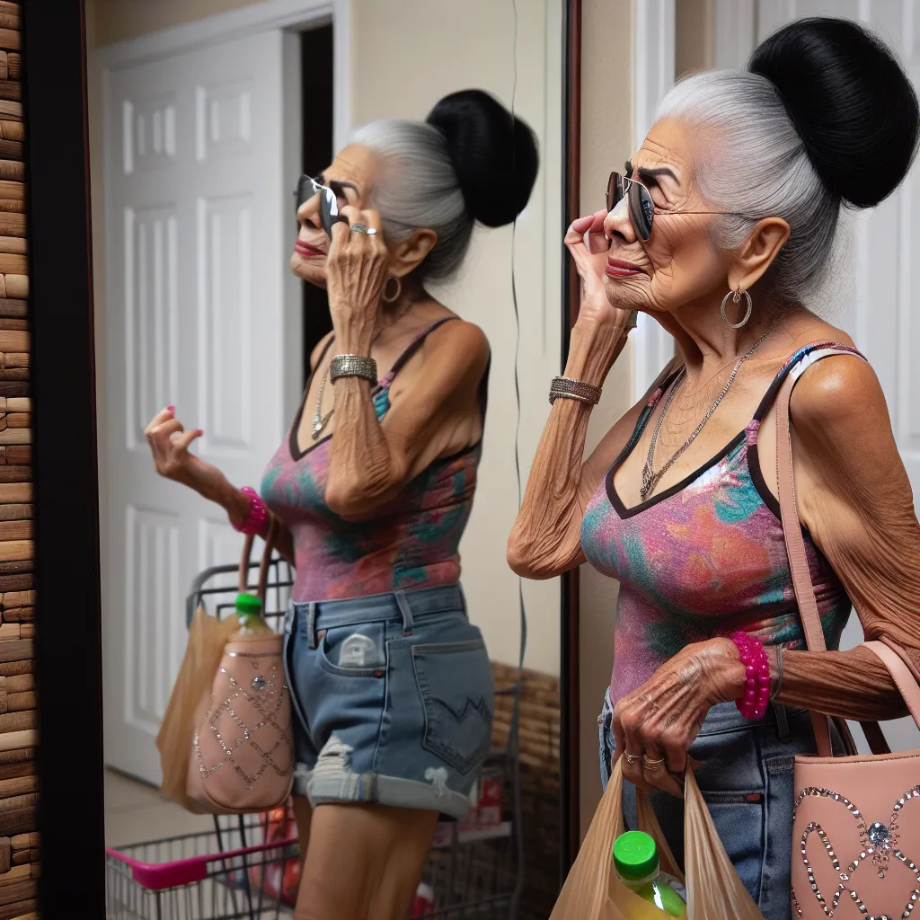 Description for the image: An elderly Hispanic woman with long, black hair tied in a bun wearing a colorful tank top, denim shorts, and pink flip flops with rhinestones stands in front of a mirror. She is holding her purse and adjusting her sunglasses as tears roll down her face. The image captures her reflection and the groceries she started putting away next to her.