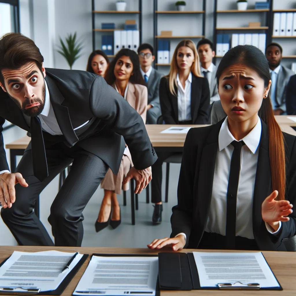 A person wearing a suit has a look of apology on their face as they stumble and fall during a series of job interviews.