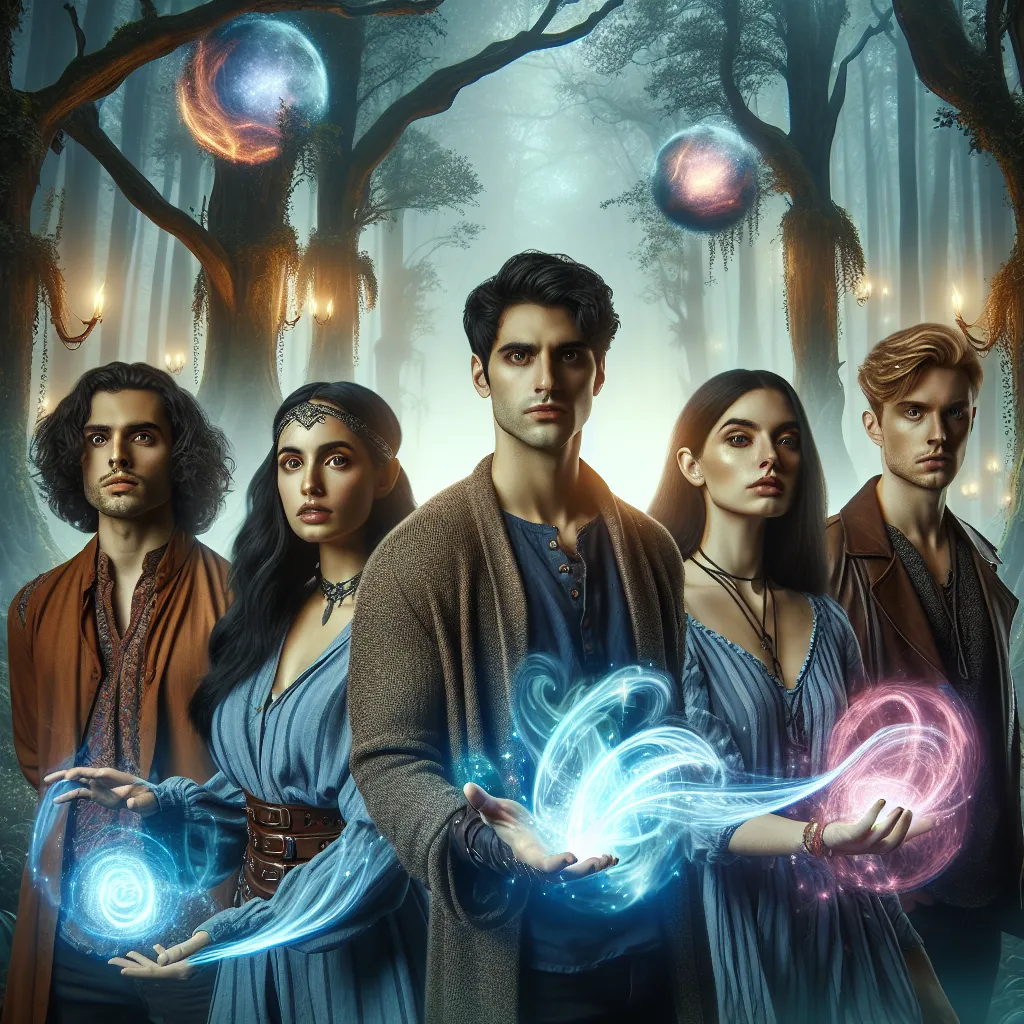 Image Description: The image depicts a group of four young adults, standing side by side in a magical forest. They are dressed in modern clothing but carry an air of mysticism. The characters, three women and one man, exude confidence and power as they look determinedly towards the camera. Their hands are illuminated with vibrant, swirling magical energy, representing their unique abilities. In the background, ethereal floating orbs and ancient trees shrouded in mist create an atmosphere of ench