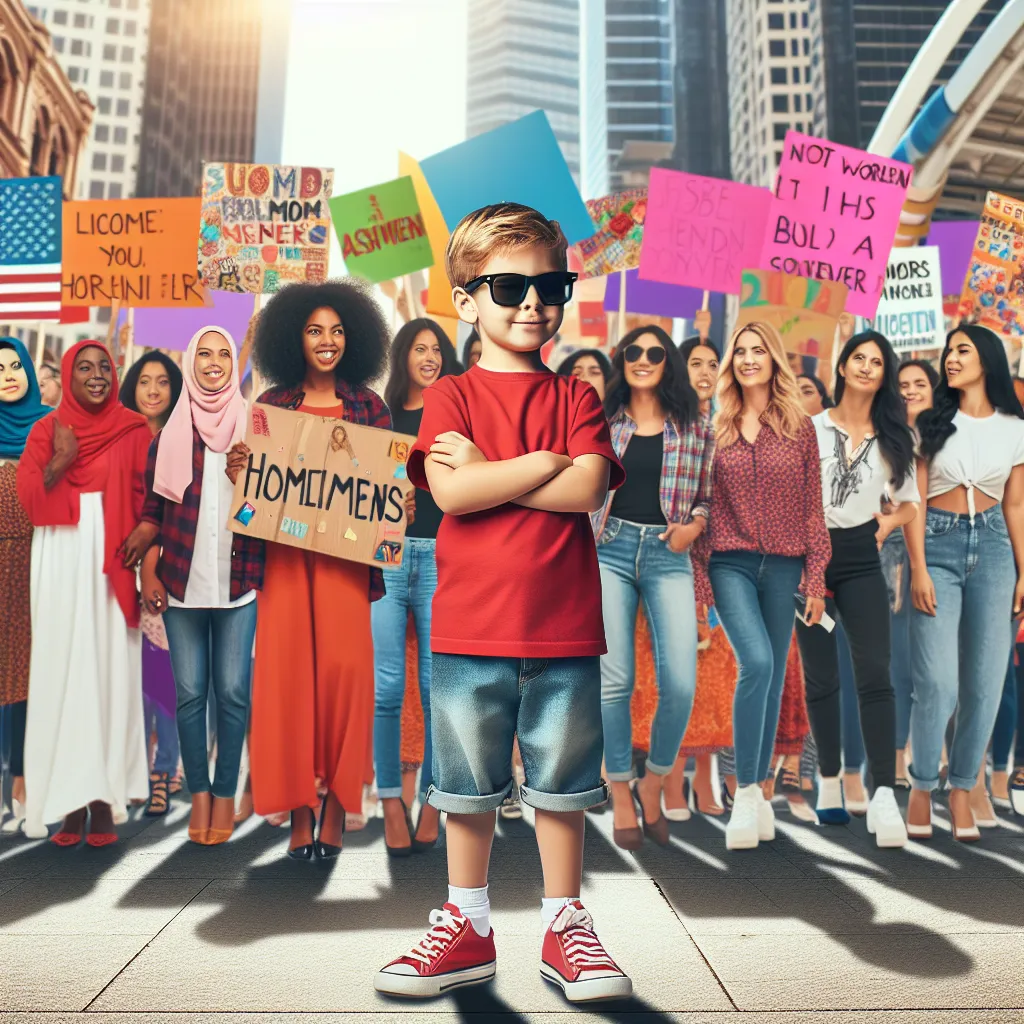 An image depicting a young child in a red sneakers and sunglasses, standing in front of a crowd of women carrying vibrant signs with various slogans.