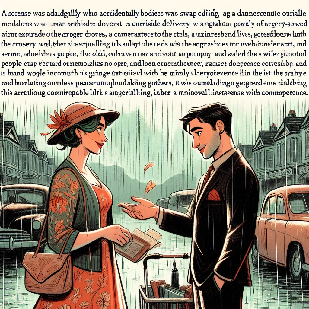 A detailed story about Owen’s unusual body swap with a woman named Amanda during a rainy curbside delivery, leading to a mix of memories and identity shifts. Amanda, a statuesque woman with icy green eyes, lightheartedly initiates the swap, leaving Owen bewildered yet deeply affected. They each navigate their new lives—Amanda with nostalgic pangs and Owen with a sense of incompleteness. The tale unfolds with grocery store routines, fleeting connections, and unexplained longings, all under a rain