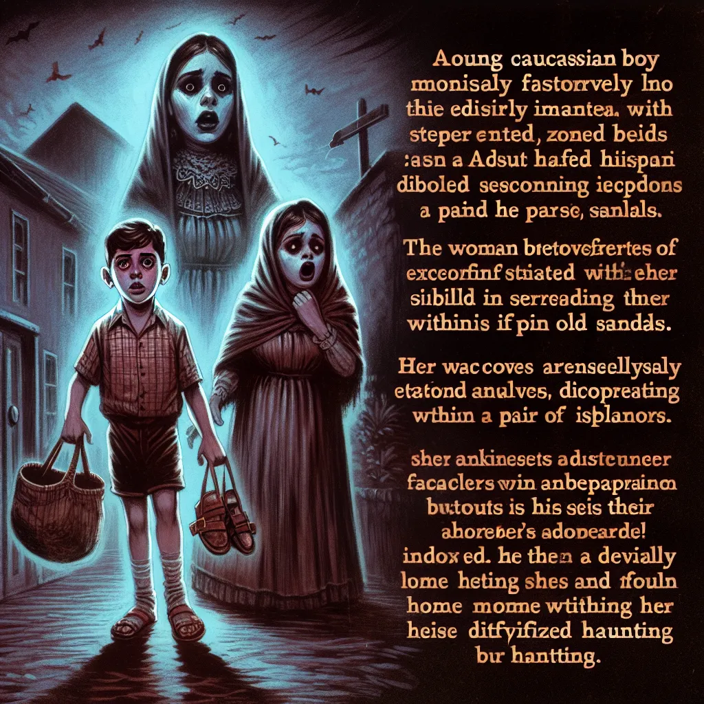 A chilling image accompanies this story of a young boy, Jackson, who transforms into an adult woman named Sara after discovering a pair of sandals that belonged to his brother's ex-girlfriend. Sara's obsession with Ethan, Jackson's brother, takes a horrifying turn as she breaks into their house, causes harm, and disappears into the shadows of the city, leaving behind a family haunted by their loss and a constant reminder of the terrifying events.