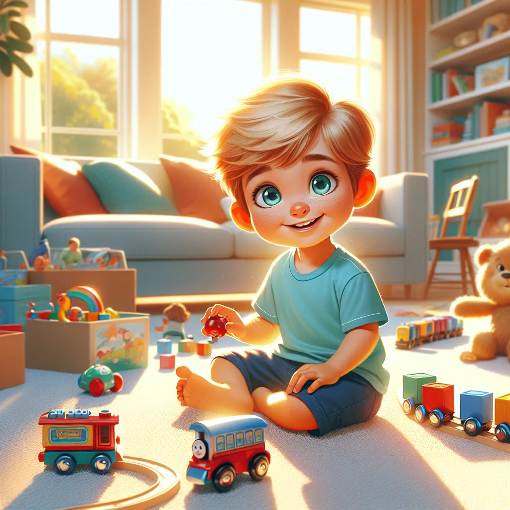 The image will feature a young boy named Oliver playing with toys in a sunlit living room, surrounded by toy trains, blocks, and his favorite shiny red toy car. Oliver, with sandy blond hair and blue-green eyes, is dressed in a turquoise t-shirt and navy blue shorts, barefoot on a soft carpet. The room is filled with childhood joy and imagination as Oliver engages in play, his small hands grasping the toy car, eyes filled with excitement.