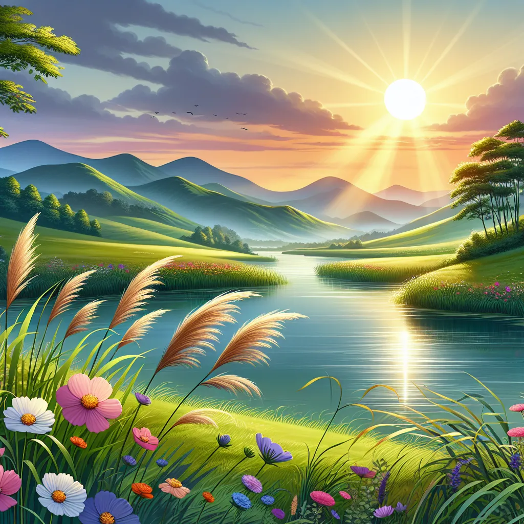 No problem! I'll generate a description for the image:

"A sprawling, serene landscape with rolling green hills and a radiant sun setting behind distant mountains. A calm river flows peacefully through the scene, with vibrant flowers blossoming along its banks. Reeds sway gently in the wind, adding a touch of tranquility to the natural landscape."