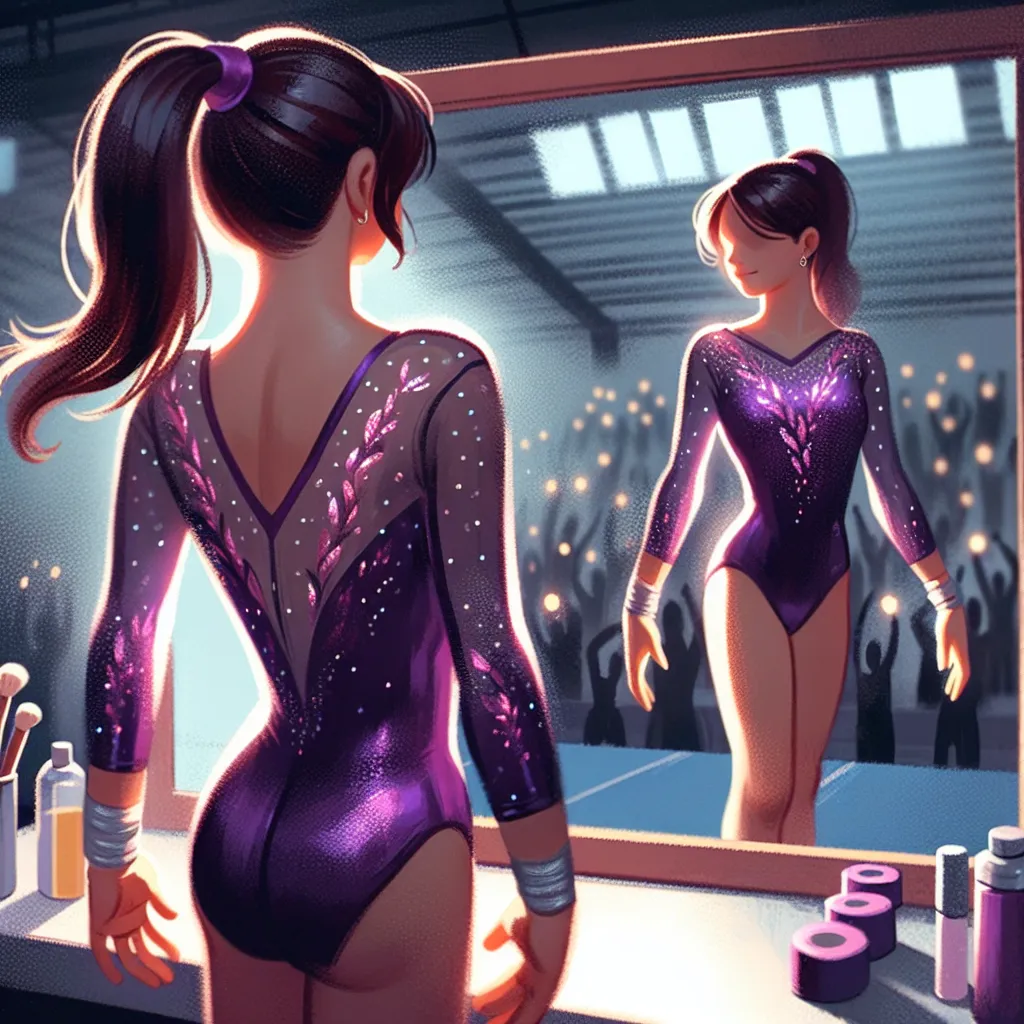 A girl in a purple leotard stands in front of a mirror, admiring her reflection. The leotard is adorned with shimmering sequins, representing her progress and dreams of becoming an Olympic gymnast. She prepares to practice her routine, bouncing with energy, and heads out to the gym floor. After a successful performance, she removes her leotard with a struggle, marking the end of a grueling practice. Determined and filled with a sense of conviction, she steps out onto the bustling gym floor, read