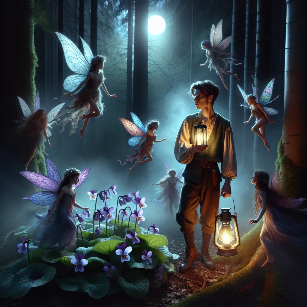 A moonlit enchanted forest scene showing a young man holding a glowing lantern, surrounded by delicate, shimmering fairies with colorful wings. They stand near a patch of violet-blue dog violets trembling under a creeping dark, oily fog. The atmosphere is mystical and tense, blending gentle light and shadow, hinting at an impending magical struggle.