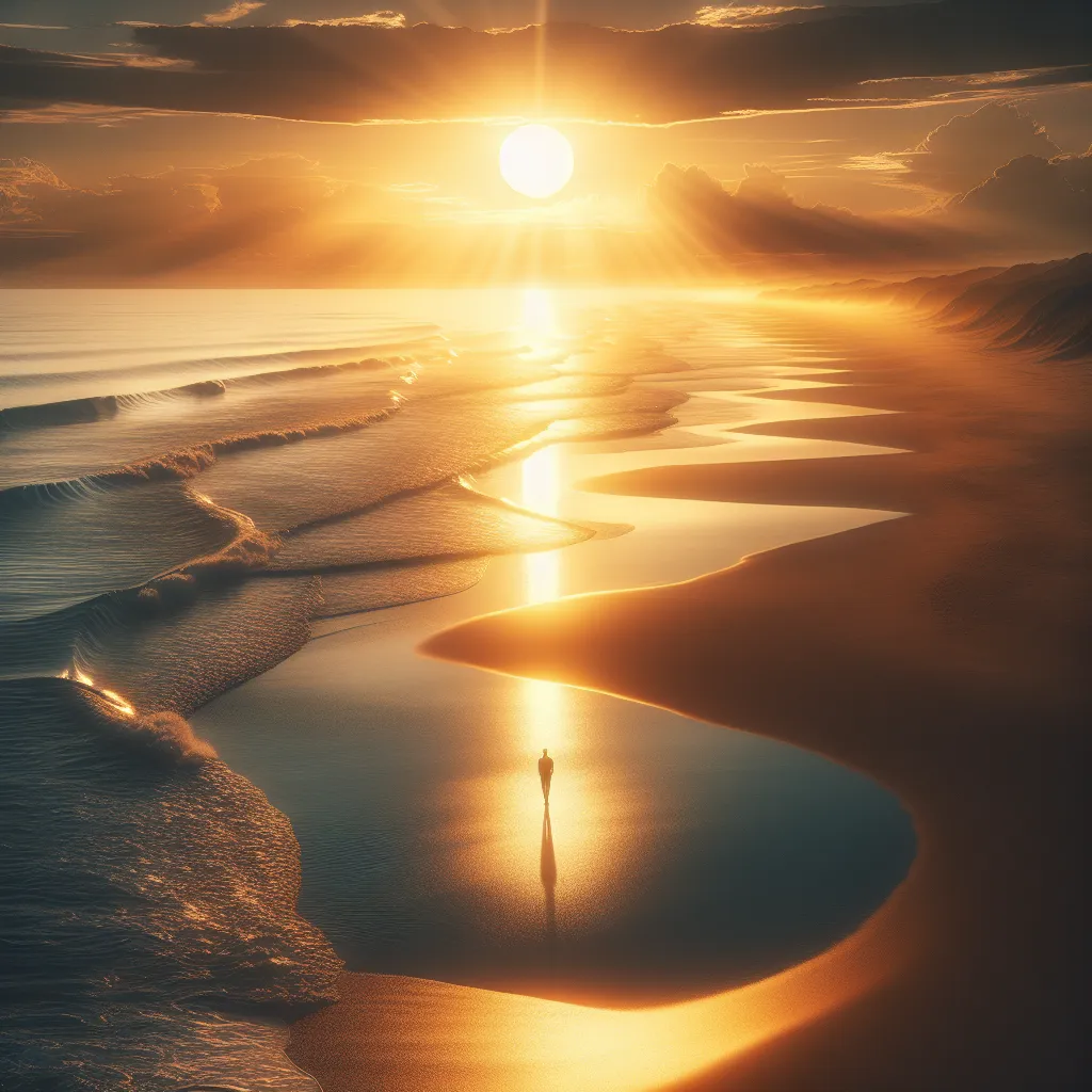 A stunning sunset over a tranquil beach, with golden rays reflecting off the waves as a lone figure stands at the water's edge.