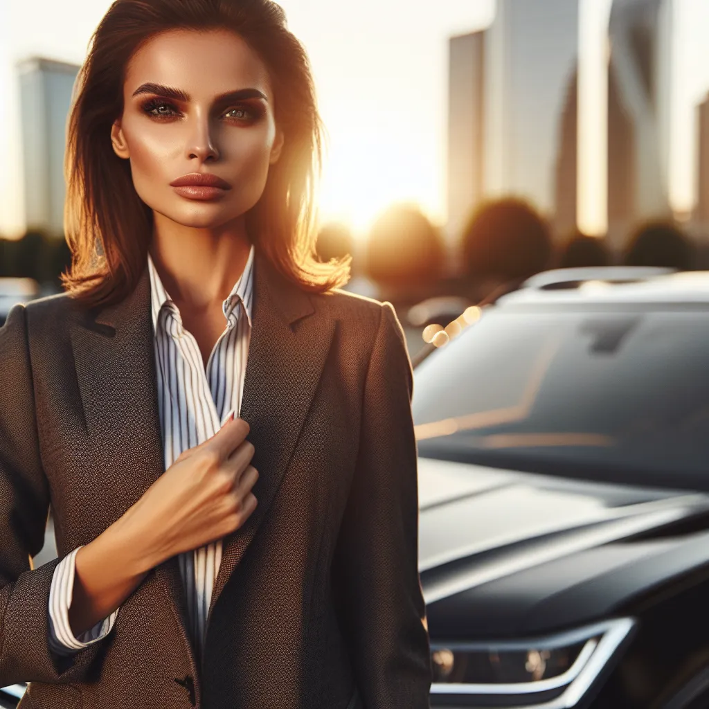 An image of a woman named Emma, standing confidently next to a car with a determined expression on her face. She is wearing a stylish outfit and her hair and makeup are perfectly done. The sun is shining and casting a golden glow over the city behind her.