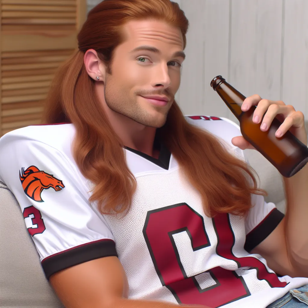 Description: An image of Chad, a young man with long red hair, confidently flaunting his prominent curves with a smirk on his face. He sits on a couch wearing a tight football jersey, his red hair tied up messily, and is holding a beer while watching a game on television.