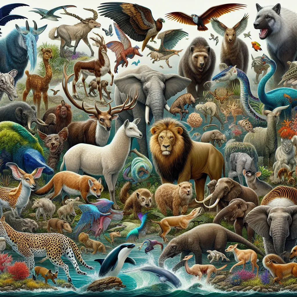 "An image showcasing a diverse list of new species that could be added to 'Planet Zoo 2.' It includes living animals like the Madagascar Fossa, Saola, Okapi, and Kakapo, alongside recently extinct animals such as the Thylacine and Baiji Dolphin. Prehistoric creatures like the Woolly Mammoth and Triceratops are also featured, along with fictional beings like the Griffon, Dragon, and Mermaid. The image displays a rich biodiversity, blending reality and fantasy to cater to a wide range of interests