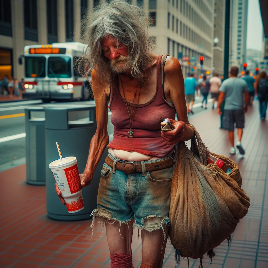 The generated image will likely be of a disheveled homeless woman in her mid-forties, standing on a busy city street. She wears a faded red tank top and worn-out denim cutoff shorts, with slip-on sandals that are falling apart. She carries a large, patched-up purse and holds a half-finished beverage cup from a fast food restaurant. Her hair is graying, tangled, and unkempt, and she wears sunglasses that cover most of her face. The image will convey her weariness and the challenges she faces as s