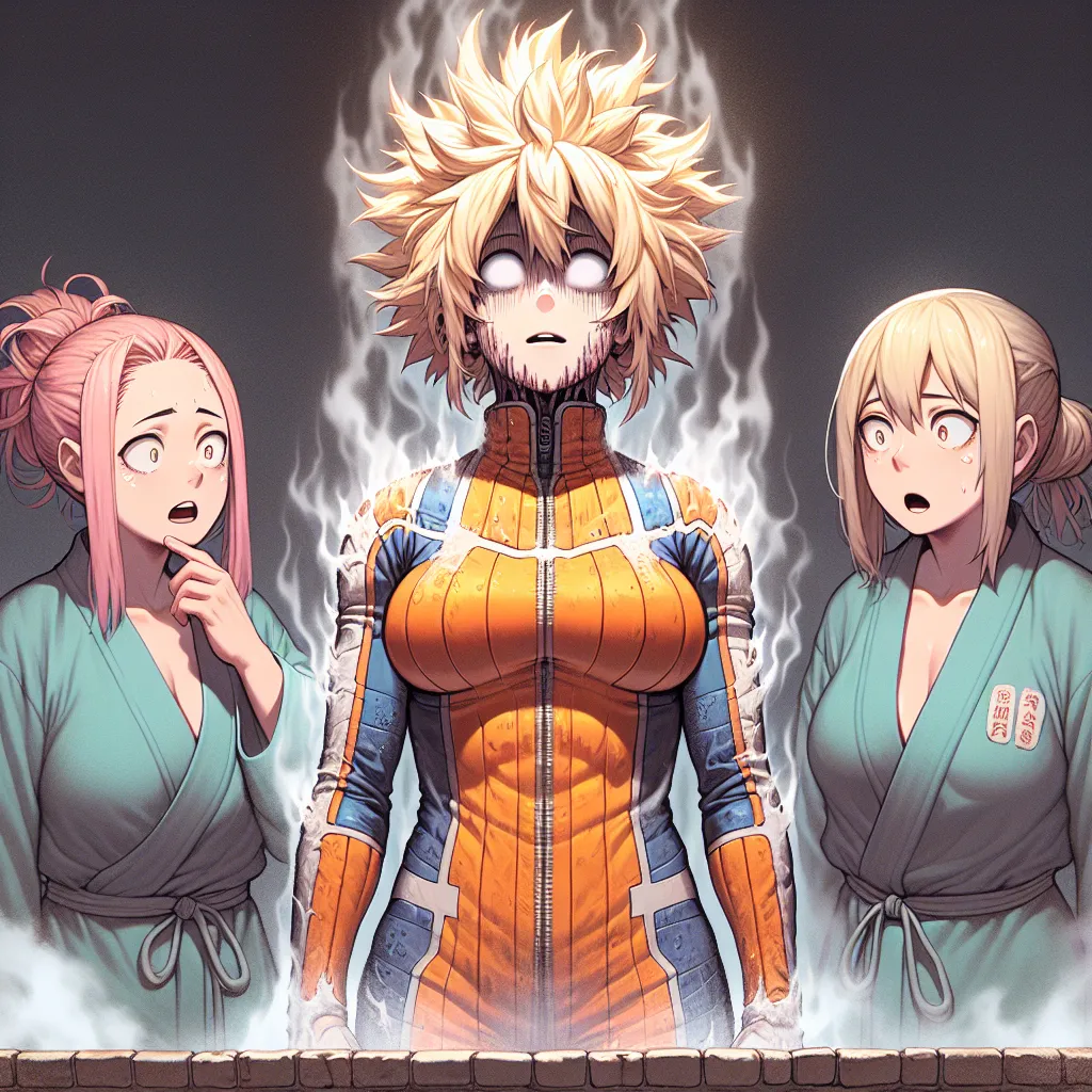 Description: A chilling image of Naruto Uzumaki, transformed into a woman named Naruko, standing with Sakura and Ino beside a steamy hot spring. The image captures the horror and confusion of the protagonist as their body undergoes a supernatural and irreversible metamorphosis. The atmosphere is eerie, with a sense of unease conveyed through the characters' expressions and the mysterious steam swirling around them.