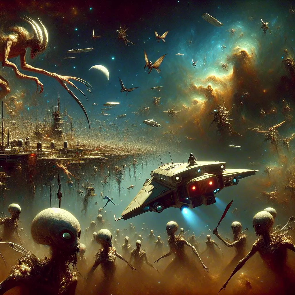 A chaotic scene unfolds in deep space as the USS Freedom encounters unexpected denizens of Hell and the Hazbin Hotel, clashing with the imposing Ur-Quan faction from The Ur-Quan Masters. Captain Zelnac navigates through comedy and drama, forming unlikely alliances and facing cosmic absurdity in a space-opera adventure.