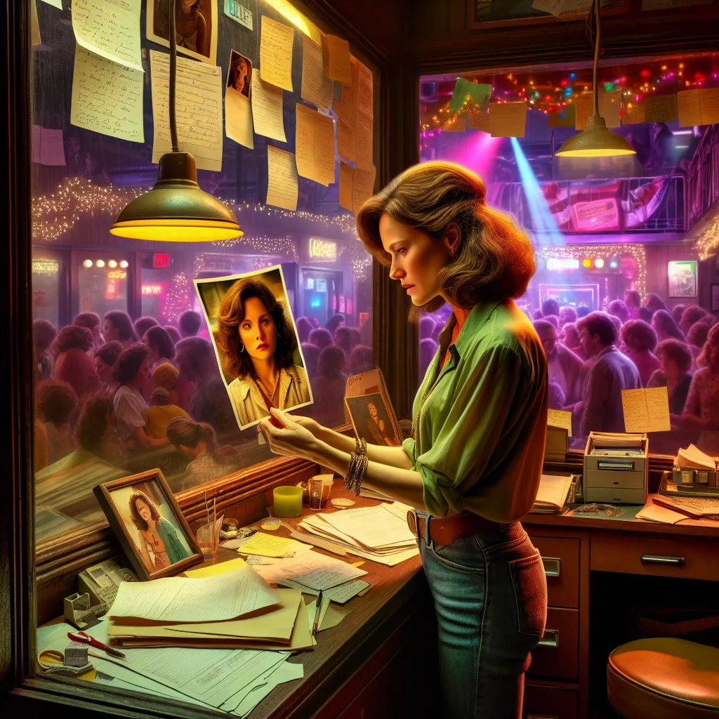 A woman, Janie, is shown in an office within a lively nightclub, holding a photo of her missing sister, Lila. Anchored by memories and hope, Janie immerses herself in work at the bar while desperately longing for Lila's return. The image captures Janie's emotional turmoil as she navigates the bittersweet echoes of hope amidst the club's bustling energy.