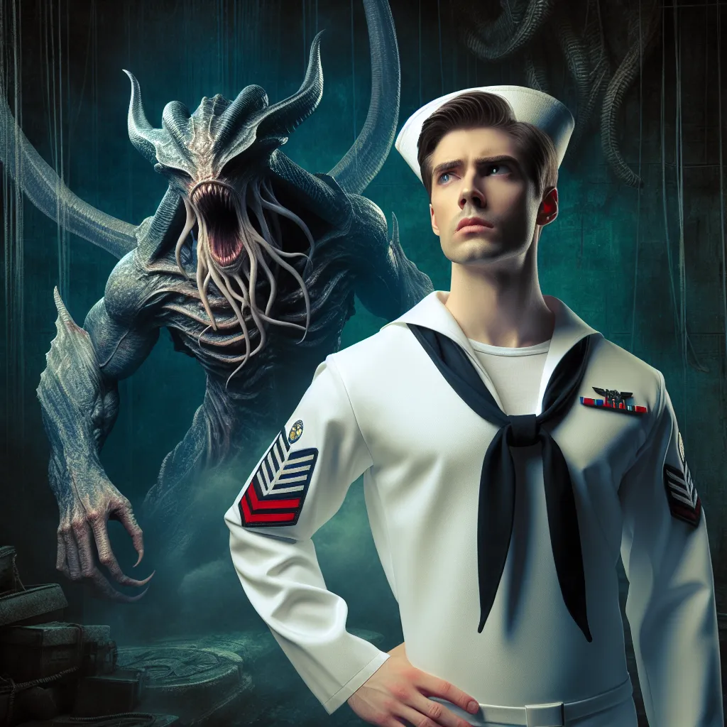 A dramatic image of a male military veteran trapped in the body of a young witch. He stands with determination, wearing a white sailor suit paired with a swimsuit, the uniform of the 501st Joint Fighter Wing. In the background, a large underground Neuroi looms, symbolizing the ongoing challenges he faces.