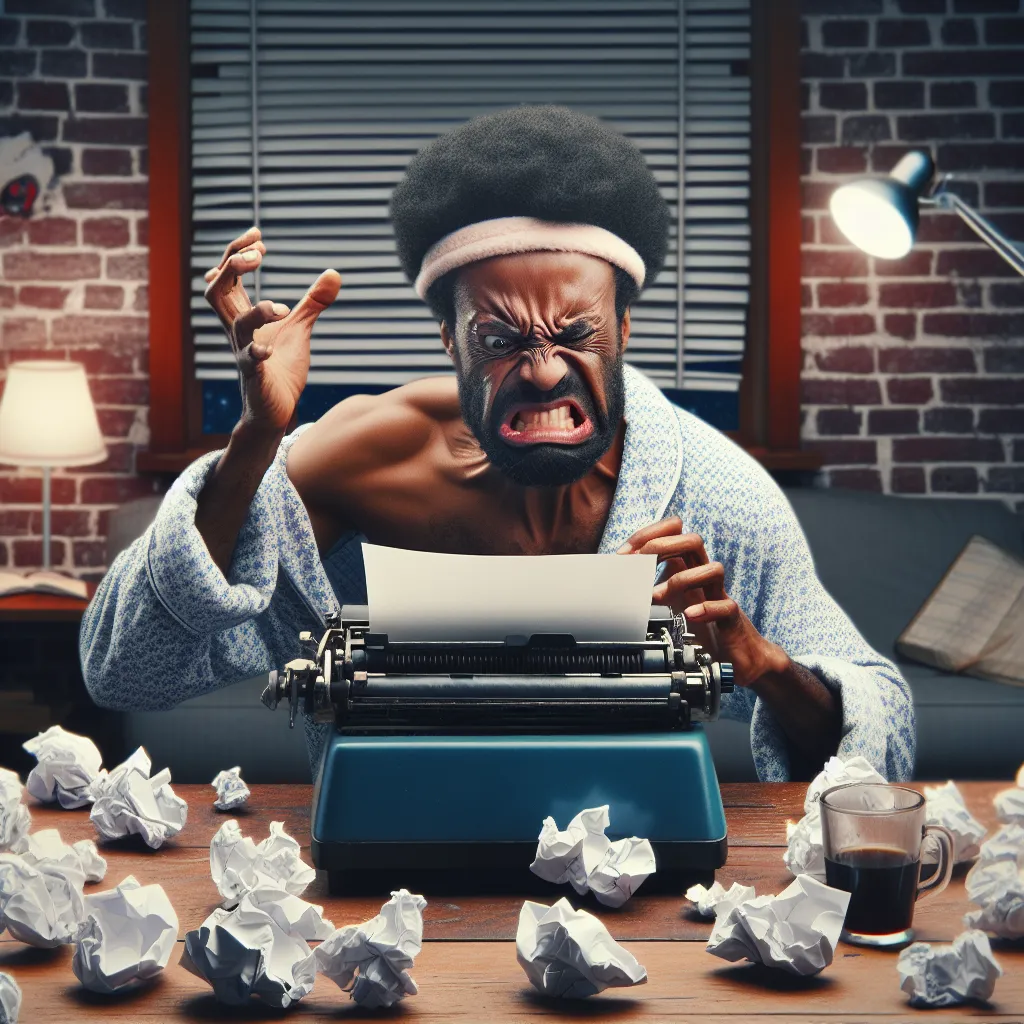 Title: "The Frustrated Writer's Hilarious Quest to Overcome Writer's Block"
Description: A comically exaggerated image depicting a writer wearing pajamas, surrounded by crumpled papers and empty coffee cups, desperately trying to squeeze creativity out of a typewriter while his frustrated expression adds to the humor.