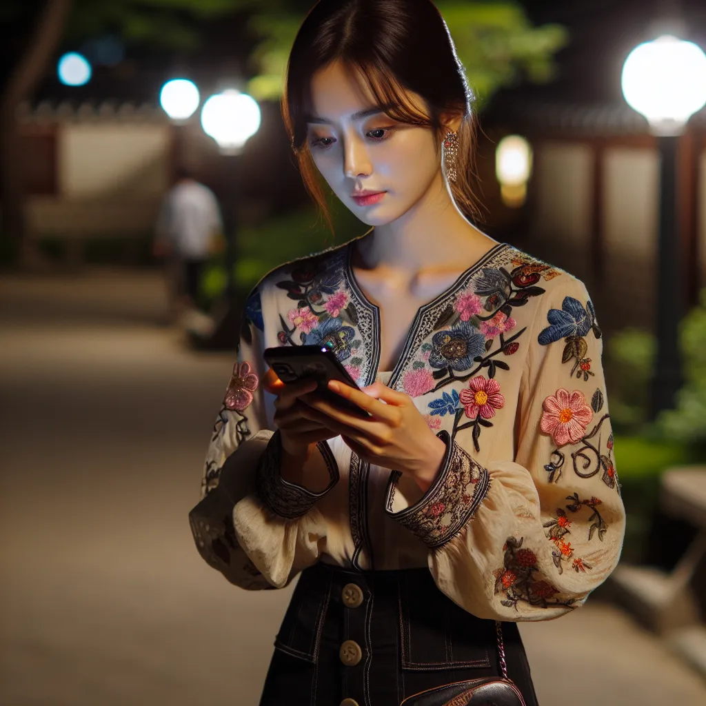 The image accompanying this story is of a young Korean woman standing in a park at night. She is wearing a beautifully embroidered floral blouse and a short skirt with platform sandals. Her hair is short and styled in a fashionable Korean cut, and she has deep brown eyes. She is holding a phone in her hand, navigating its settings. There is a sense of confusion and disorientation on her face as she tries to piece together her identity and memories.