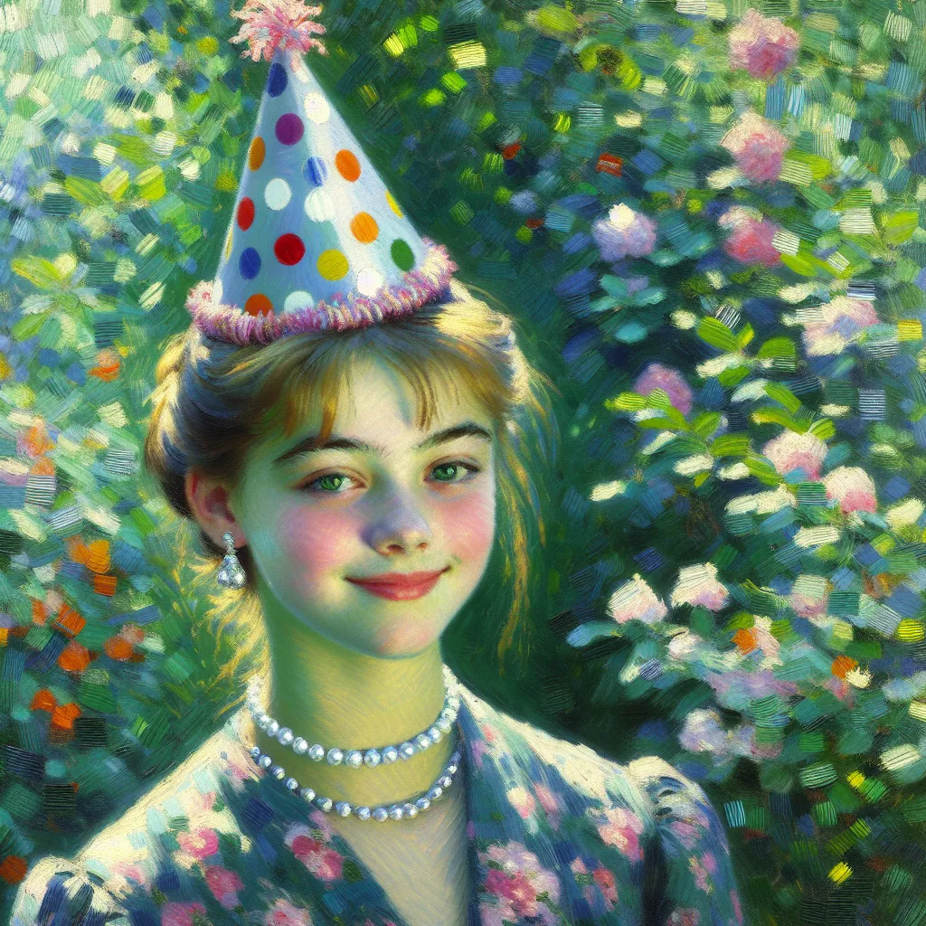 Young, Birthday, Hair, Eyes, Jewelry in the style of Monet
