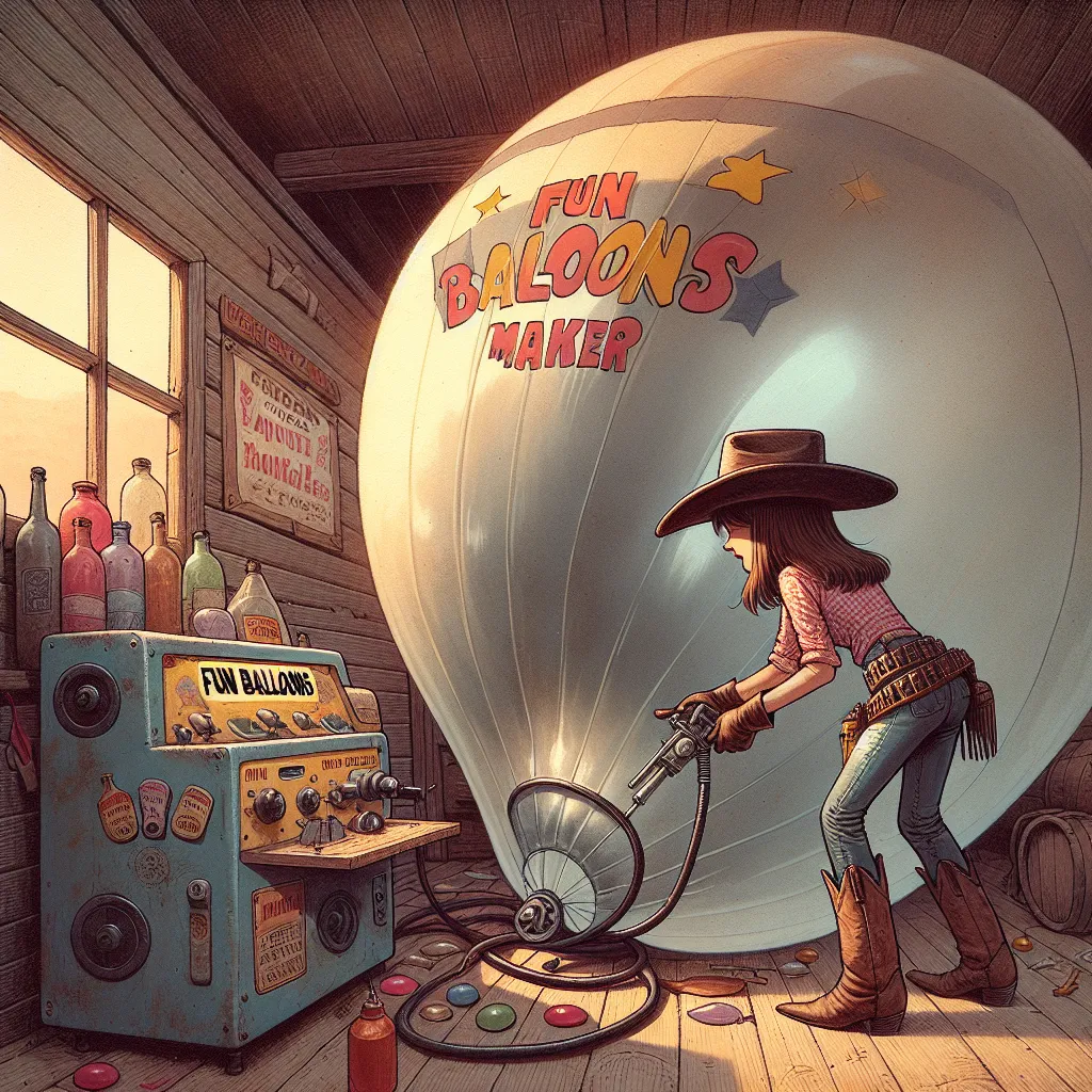 A cowgirl named Daisy, with sun-kissed skin and ocean-blue eyes, explores an abandoned fairground. Inside an old trailer, she discovers a unique contraption labeled "Belly Inflator" and decides to have a bit of fun. As her belly inflates with air, Daisy's leather pants and shirt burst open, but she remains fascinated and delighted by the experience. She gently rests her massive, round belly on a table, marveling at its size and buoyancy. After deflating, Daisy steps out of the trailer, eager to 