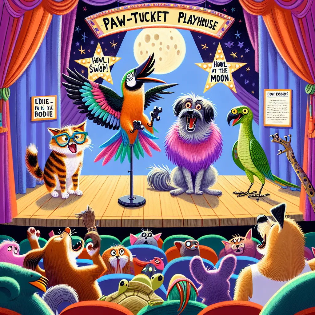 This story is titled "Howl Thyself: Edie’s Canine Catastrophe." The image should capture a vibrant scene at the Paw-Tucket Playhouse during a performance of "Howl At The Moon," with pets in various body swap combinations hilariously trying to embody their roles. Edie-in-Roxie (a bird in a dog's body) nervously taking the stage, Roxie-in-Edie (a dog in a bird's body) awkwardly trying to mimic Edie's diva demeanor, and the rest of the cast reacting in amusement and confusion.