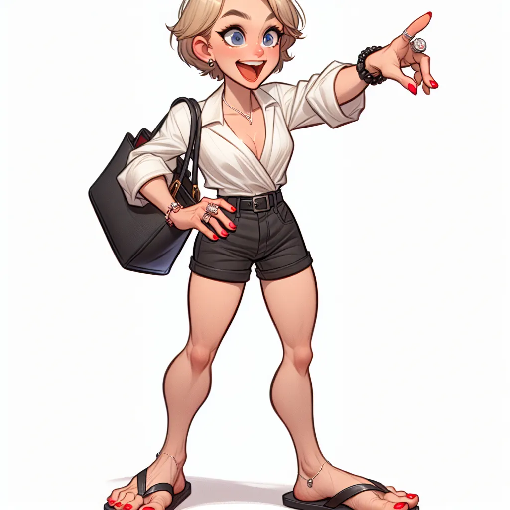 A woman with short blonde hair and blue eyes who is white with a black purse on her shoulder, a white blouse, black shorts, black flip flops on her feet with five toes on each foot and five fingers on each hand with her toenails and fingernails painted red and a wedding ring on her left ring finger pointing at something yelling. | Write (with AI)