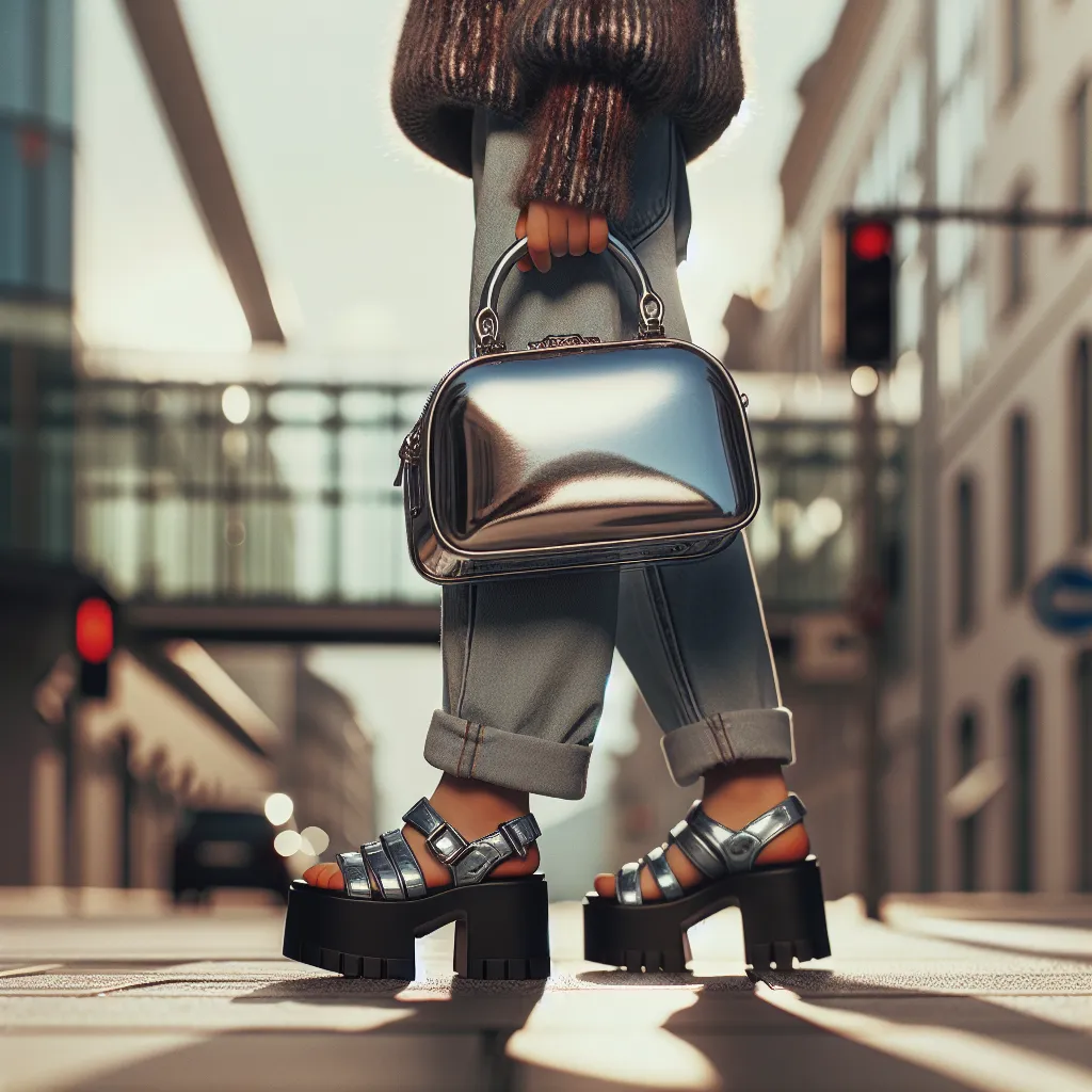 A generated image could depict a young boy named Jimmy Smith walking alone on a street, carrying a metallic silver purse and a pair of platform sandals.