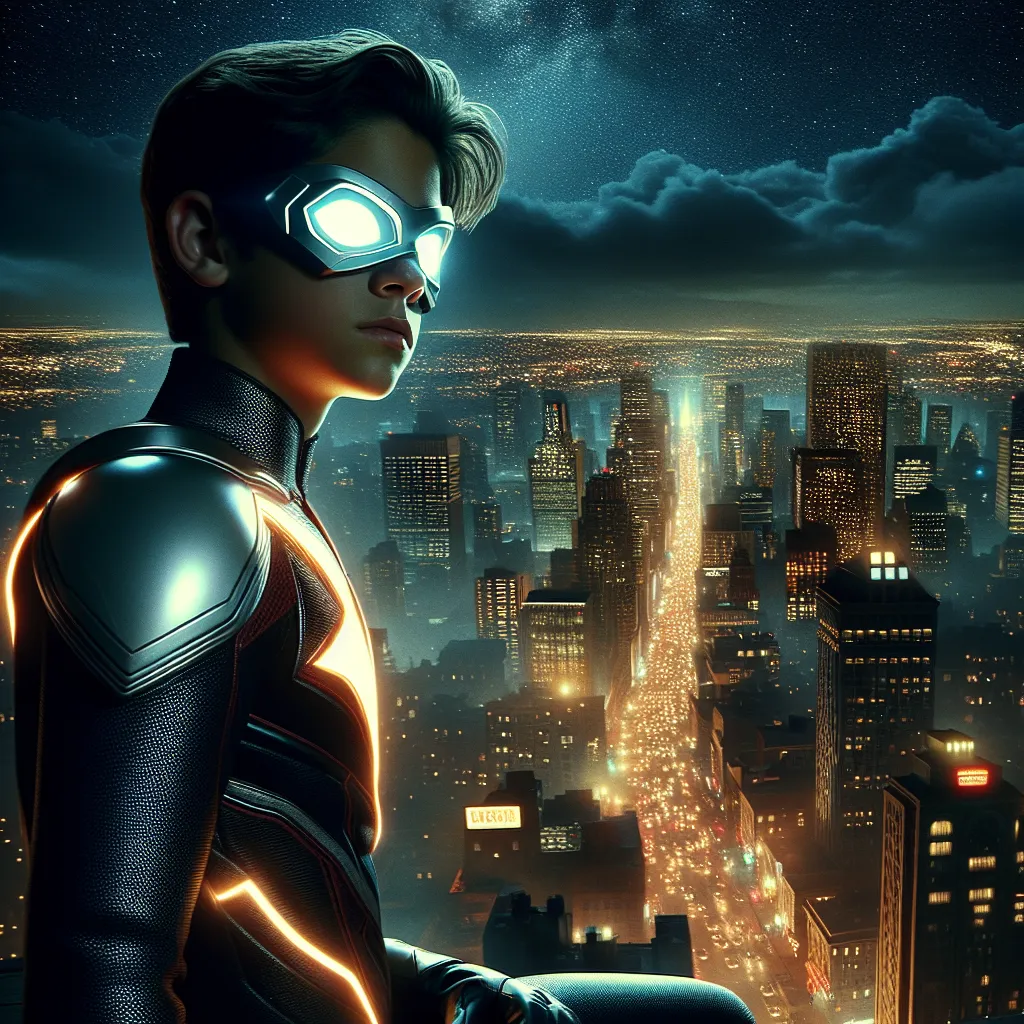 Diego Vega, known as the Fox Kid, stands on a rooftop overlooking New York City at night. Dressed in his sleek Fox Kid suit with glowing white lenses, he gazes out over the city with determination and purpose. The cityscape twinkles below him, while a star-studded sky stretches above. Diego's neon-orange webs light the night behind him, symbolizing his role as the guardian of New York City.