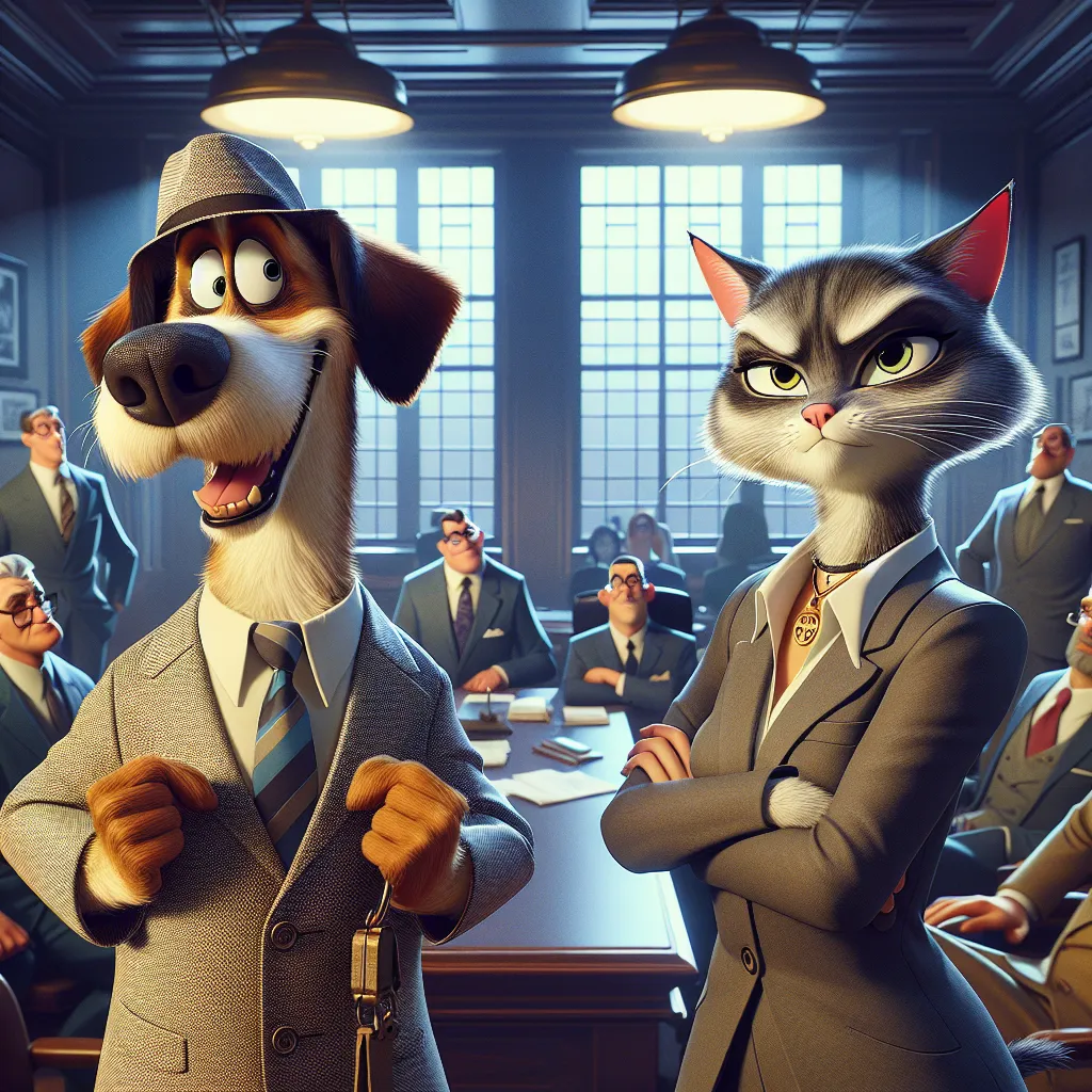 In the image, Dudley Puppy, a goofy but well-meaning dog, and Kitty Katswell, a sophisticated and sharp-witted cat, stand side by side in the bustling T.U.F.F. headquarters. Dudley, with a look of determination on his face, defends his worth as a T.U.F.F. agent, while Kitty, her arrogant demeanor fading, listens and reflects. The other T.U.F.F. agents, initially amused, now watch the exchange with respect and agreement. A sense of camaraderie and understanding pervades the room, as Dudley and Ki