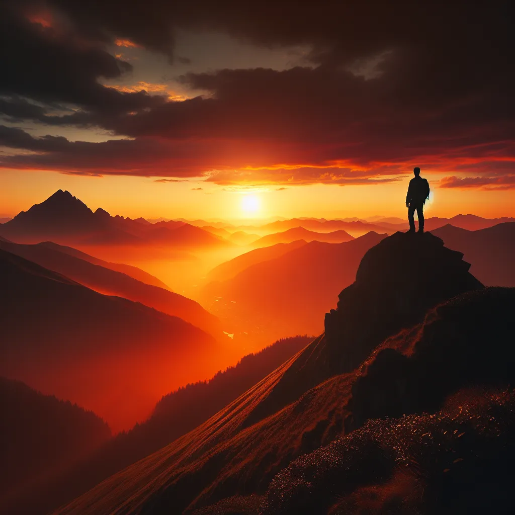 A mesmerizing silhouette of a lone hiker standing atop a majestic mountain peak, surrounded by a breathtaking sunset over a vast and serene wilderness.