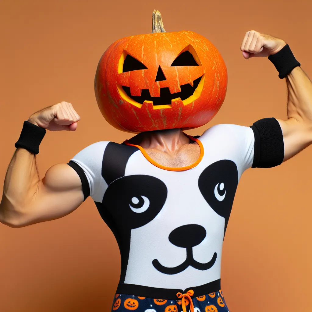 A humorous image featuring a jack-o-lantern perched atop a headless man wearing panda-print pajamas and flexing its biceps triumphantly as it prepares for Halloween hijinks.