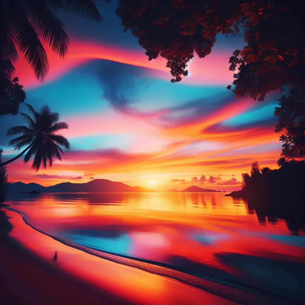 A mesmerizing sunset over a serene beach, with vibrant hues of orange, pink, and blue reflecting on the calm waters. The silhouettes of palm trees frame the breathtaking scene, creating a peaceful and idyllic atmosphere.
