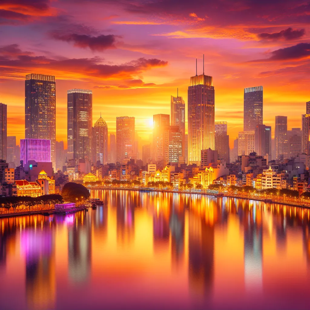 The image showcases a bright and colorful city skyline at sunset, with skyscrapers glowing in golden hues and reflecting on a calm river surface.