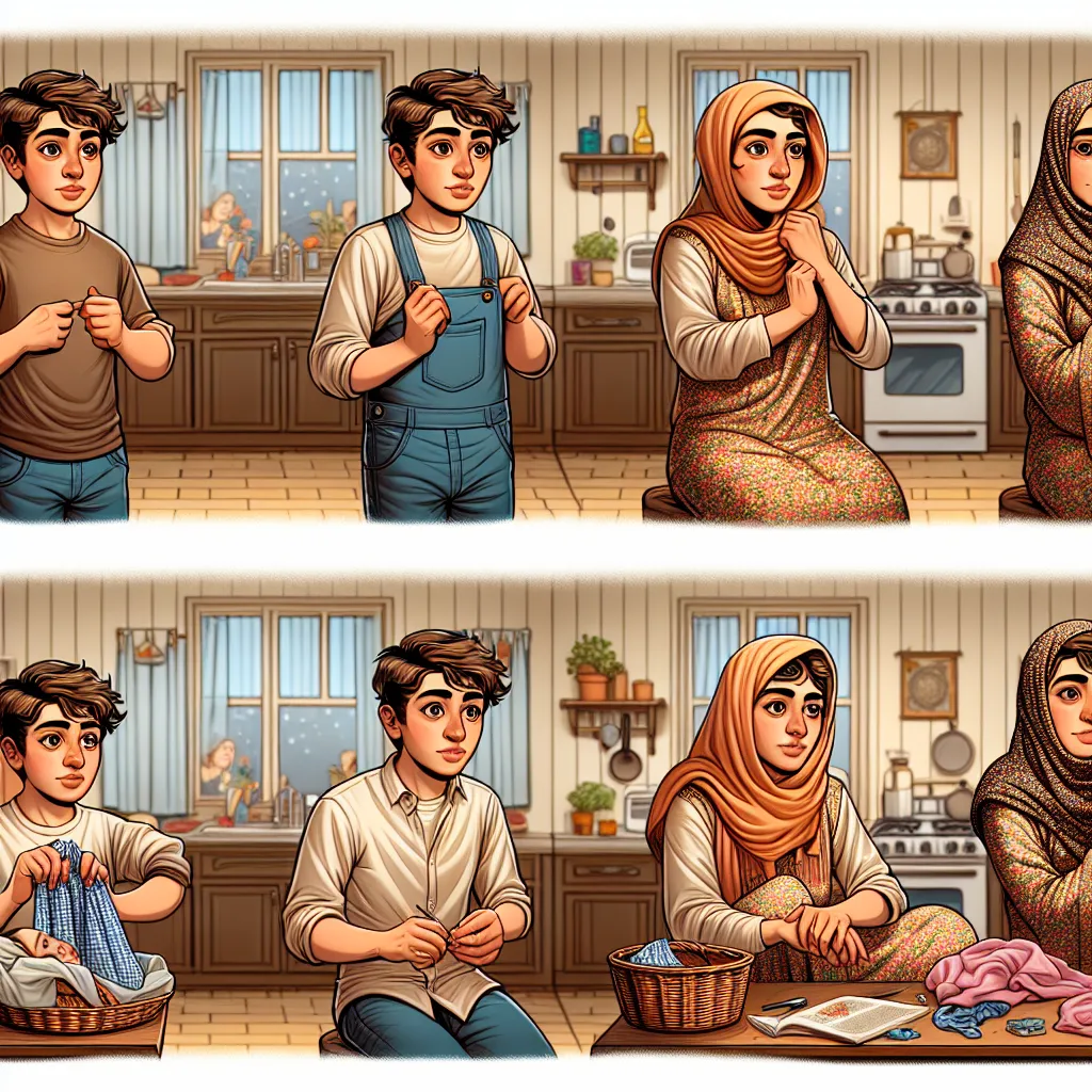 The image will depict the young boy, Lucas, transforming into the essence of Samira, a loving mother, within her beautiful home. The depiction will show the stages of his transformation, from his initial surprise to fully embodying Samira's features and mannerisms. The setting will feature the mess in the kitchen, the warm ambiance of the home, and Samira's gentle presence as she discovers her new self. This illustration captures the poignant moments of change and acceptance that Lucas experienc