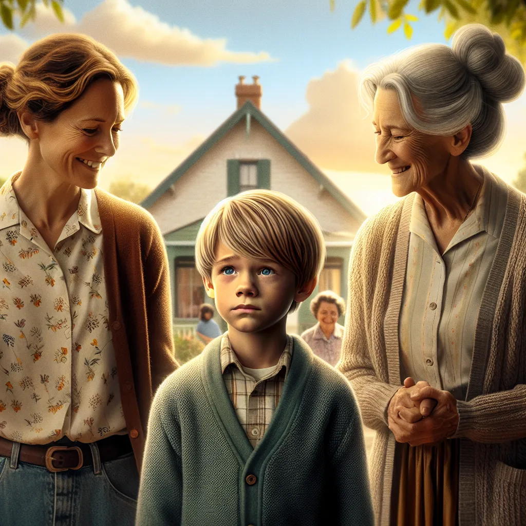 An image of a small boy named Oliver, with short blond hair and bright blue eyes, standing outside a salon alongside his mother and grandmother. Oliver's face depicts a mix of emotions, showing a blend of fear, hope, and determination. His mother, Emily, and grandmother, Karen, are beside him, comforting and protective, as they all look towards a bright future filled with love, understanding, and acceptance.
