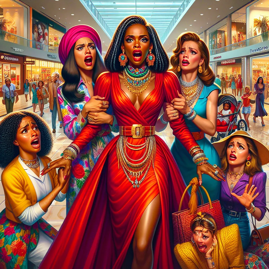 A vivid image of a young boy named Oliver, transparent and panicked, standing amidst a group of five vibrant adult women at a bustling mall. The first woman is tall, wearing a scarlet dress and gold jewelry, while the others sport colorful and stylish outfits. Oliver, now inhabiting the body of one of the women named Sharice, looks disoriented and fearful as the group surrounds him/her with a mix of laughter and concern.