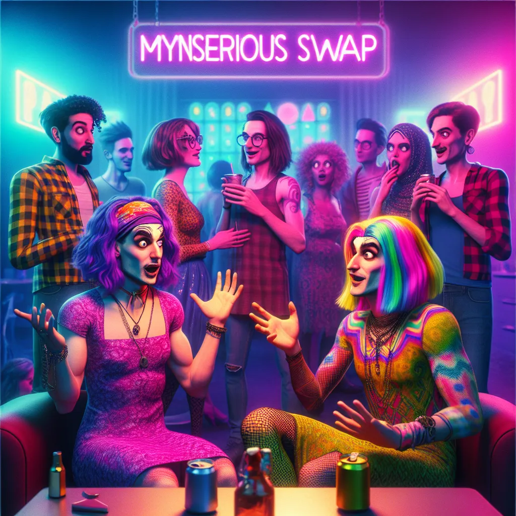 A surreal and humorous scene following a mysterious swap at a late-night party, featuring a conversation between friends as one adapts to their new gender-swapped identity.