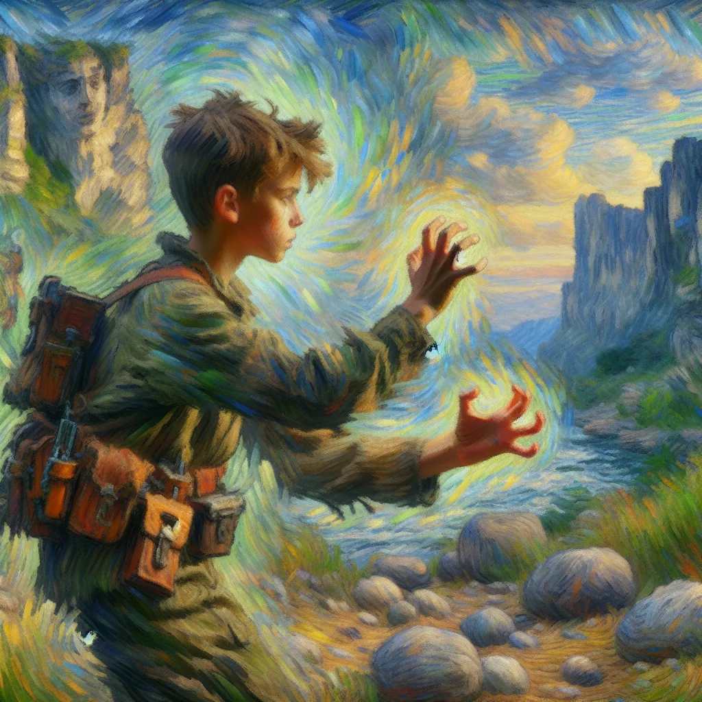 Boy, transformation, thriller, mystery, adventure in the style of Monet