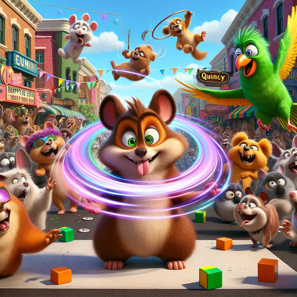 An animated scene in a bustling street where Trip, a mischievous hamster, hypnotizes his friends into comical antics using a swirling disc. Chaos ensues as each friend is affected, from Jade thinking she's a dog to Quincy becoming a daredevil. The friends eventually team up to break the spell and turn the tables on Trip with a prank of their own.