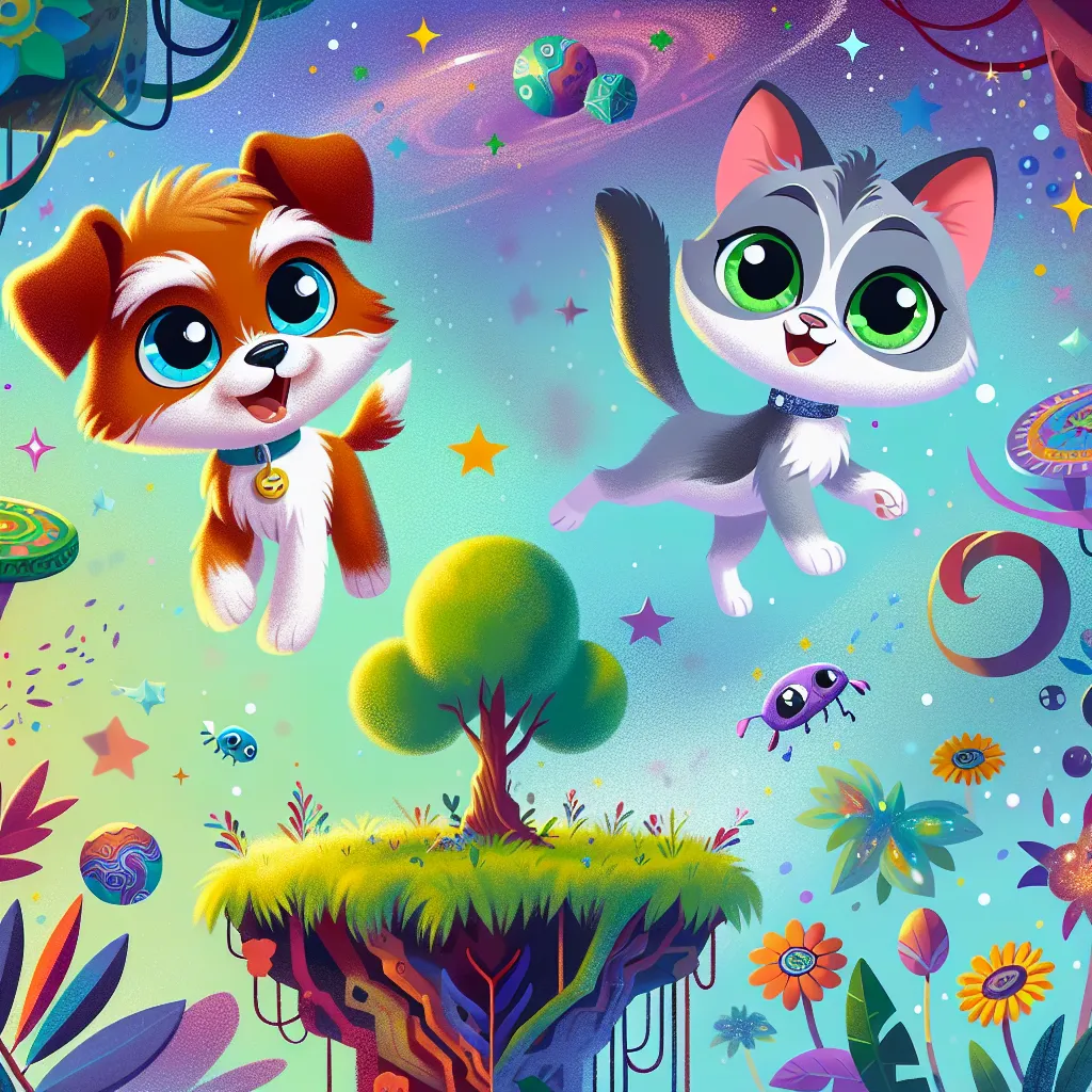 An illustration for a story from "Littlest Pet Shop: A World of Our Own" featuring Roxie McTerrier and Jade Catkin magically swapping bodies to understand each other better, showcasing moments of chaos and growth as they navigate each other's routines and learn valuable lessons about friendship.