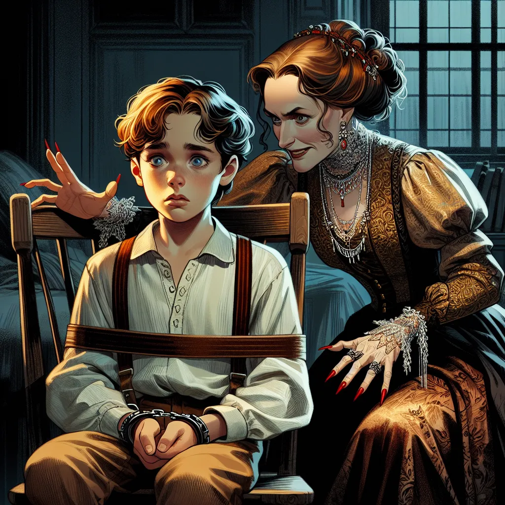 An illustration depicting a young boy, Oliver, with light brown curly hair and deep blue eyes, sitting on a creaky old chair, restrained by straps while facing his wicked great-aunt, Geneva. Geneva, in a shimmering gold camisole and black velvet shorts, flaunting extravagant jewelry and sharp red nails, leans in menacingly over Oliver. The scene captures the tension and fear as Geneva plots to swap bodies with the innocent boy.