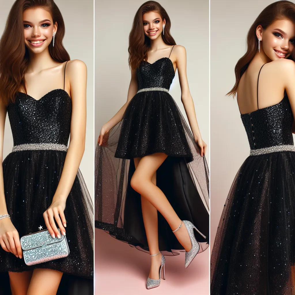An image of a young woman in a black, sparkly prom dress, wearing glittery heels and holding a small silver purse. She is standing confidently with a smile, ready for a memorable night at prom.