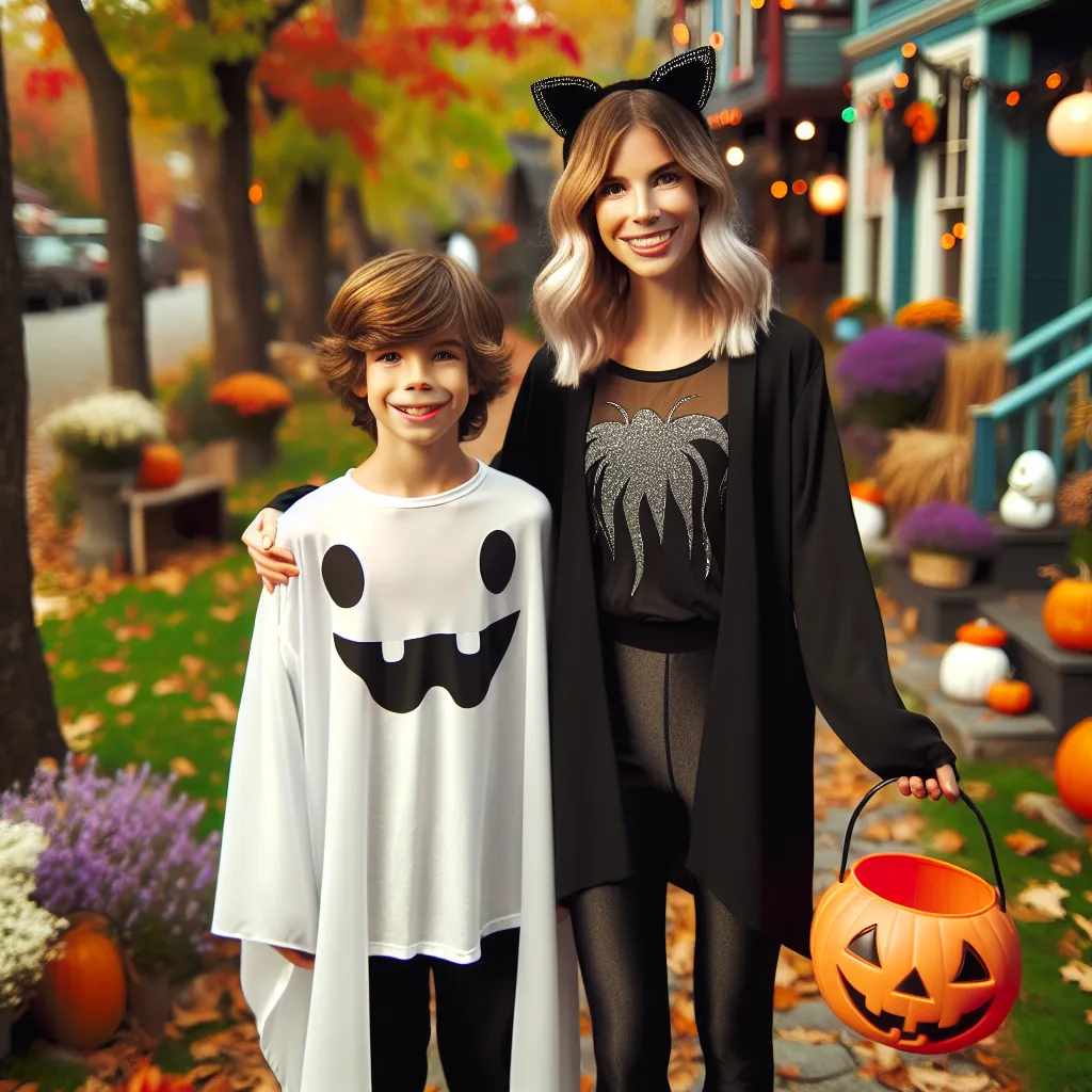 A young boy and his mother prepare for Halloween night in a leafy town, with the boy dressed as a friendly ghost and his mother as a sultry black cat.
