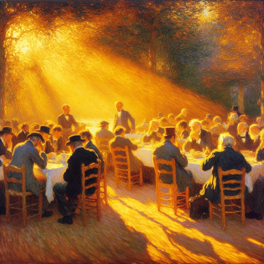 Golden Hour, Nostalgia, Intellectual, Existential, Debate in the style of Monet